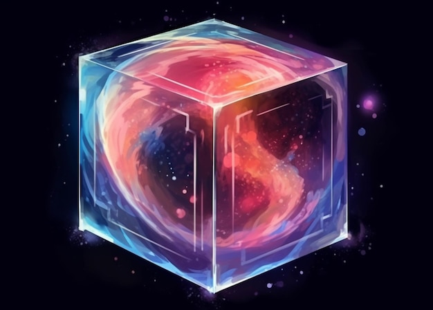 Un primer plano de un cubo brillante con una galaxia en el fondo