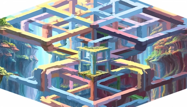 un primer plano de un cubo colorido con una cascada en el medio ai generativo