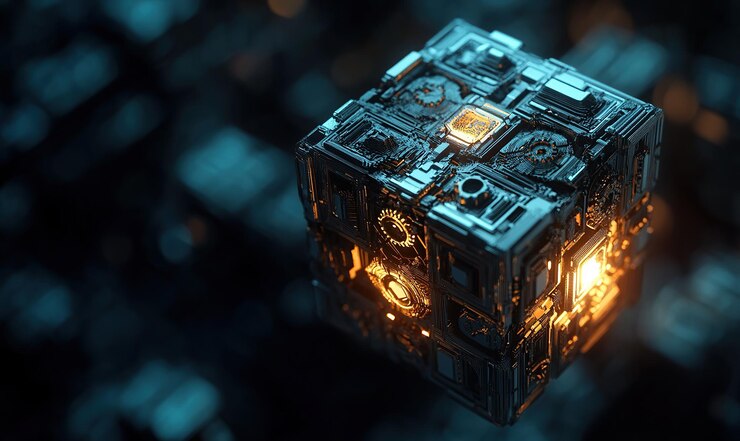 Foto un primer plano de un cubo isométrico con varias formas geométricas y patrones fractales en su superficie