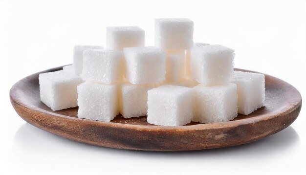 Primer plano de cubos de azúcar blanco en un plato de madera aislados sobre un fondo blanco Comida dulce