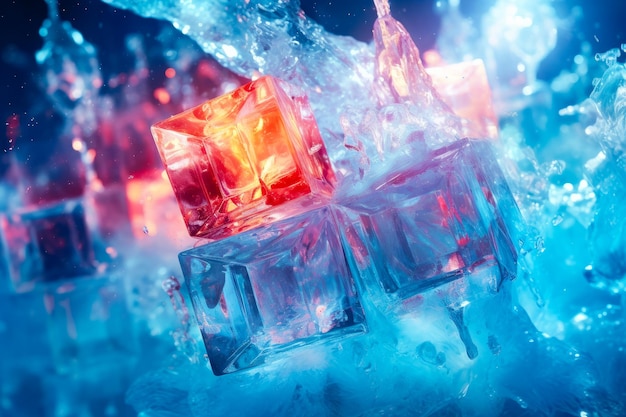 Foto primer plano de cubos de hielo con agua salpicando sobre ellos ia generativa