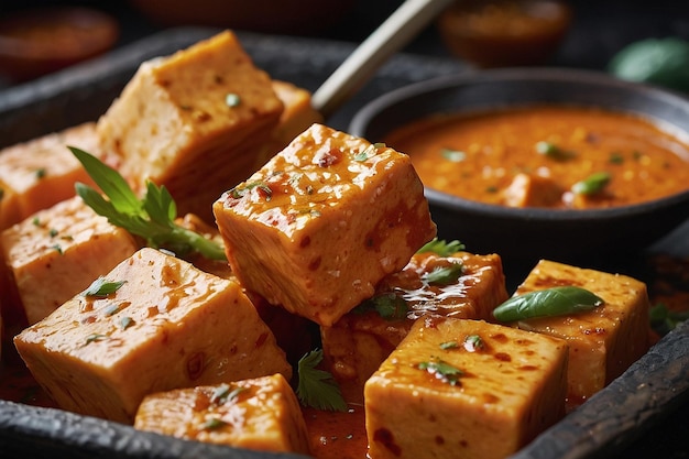 Foto un primer plano de los cubos de paneer siendo marinados en un tik picante