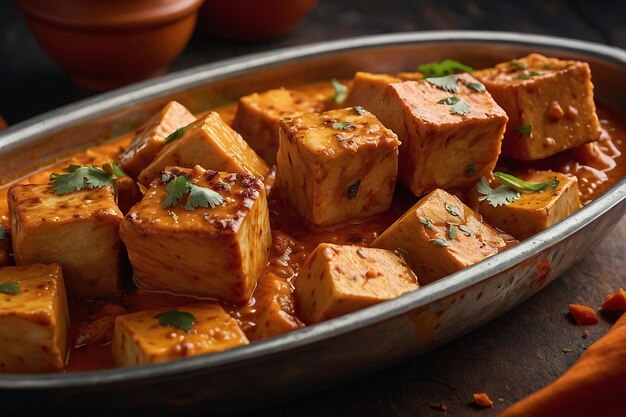 Un primer plano de los cubos de paneer siendo marinados en un tik picante