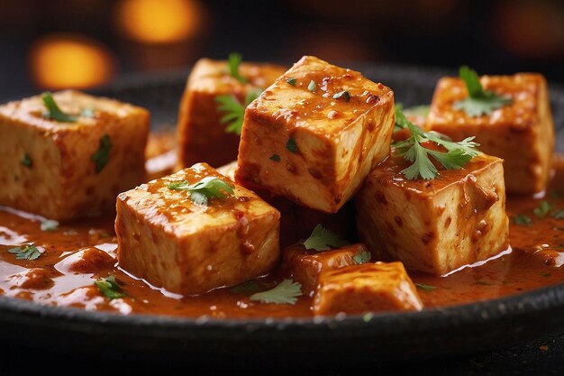 Un primer plano de los cubos de paneer siendo marinados en un tik picante