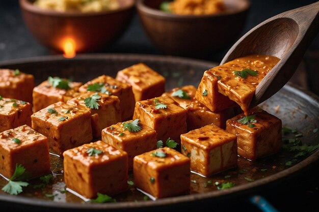 Foto un primer plano de los cubos de paneer siendo marinados en un tik picante