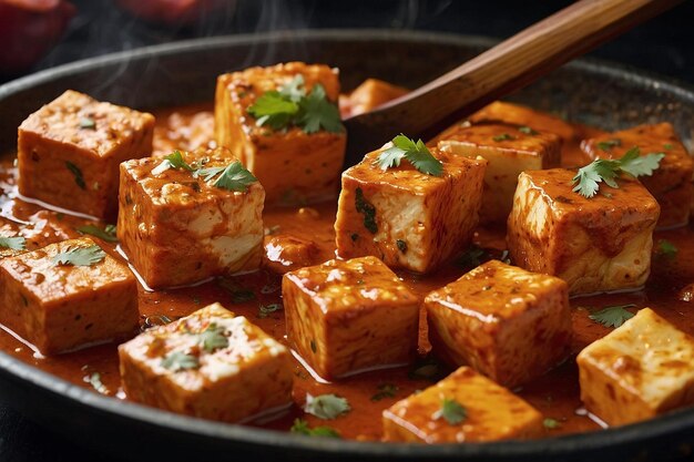 Un primer plano de los cubos de paneer siendo marinados en un tik picante