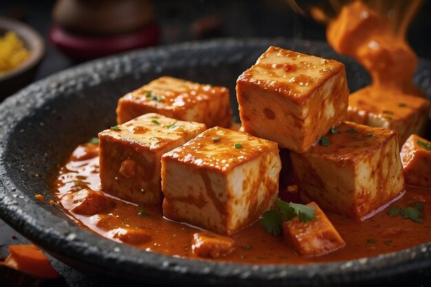 Un primer plano de los cubos de paneer siendo marinados en un tik picante