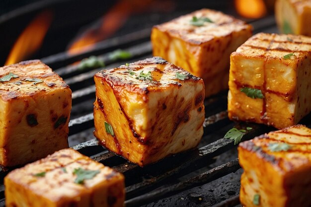 Un primer plano de los cubos de paneer tikka siendo asados a la perfección