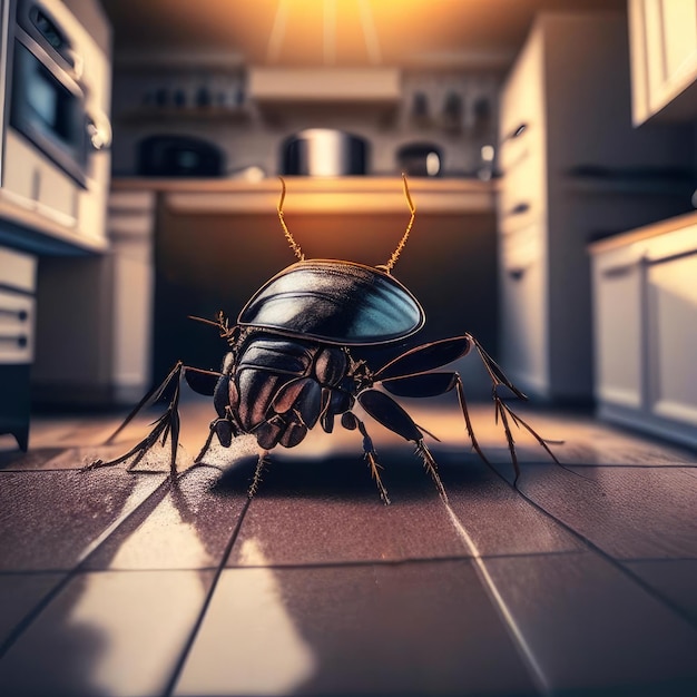 Primer plano de una cucaracha en el suelo de la cocina generada por IA