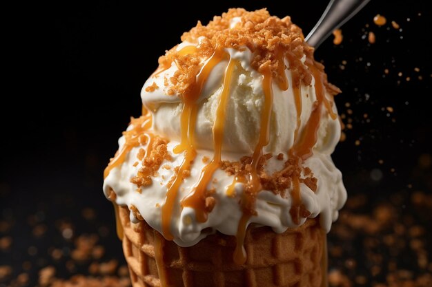 Foto un primer plano de una cuchara de helado de caramelo y pastel de manzana en un cono