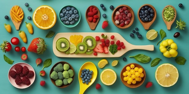 un primer plano de una cuchara de madera llena de frutas y verduras ai generativo