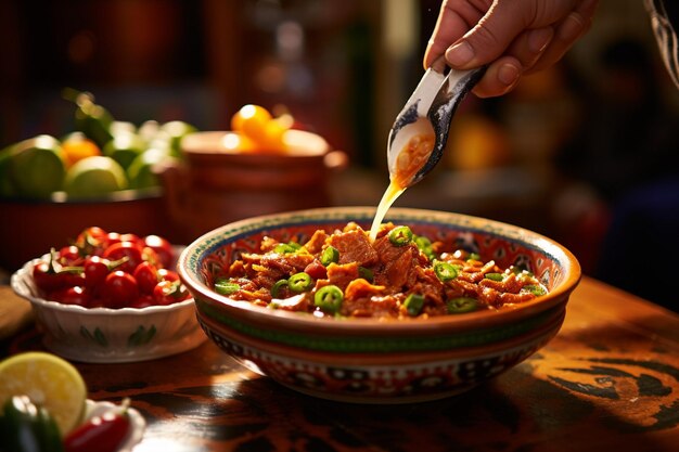 Foto un primer plano de una cuchara de pozole flotando sobre un cuenco