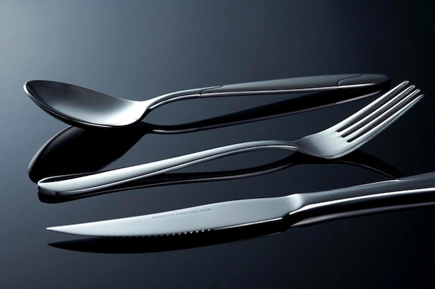 Foto primer plano de una cuchara con tenedor y cuchillo de mesa en la mesa