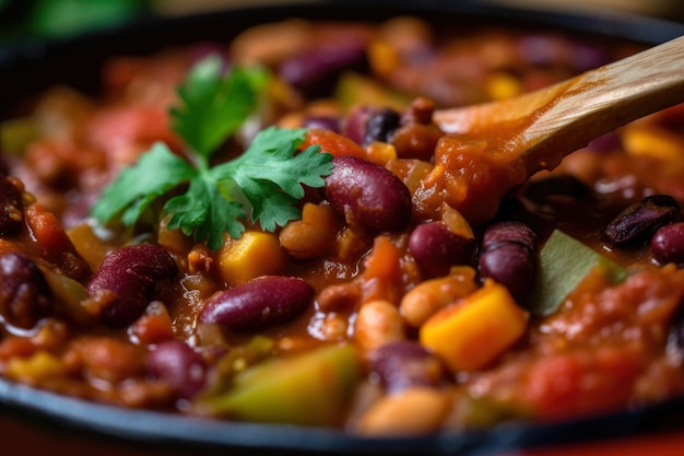 Foto primer plano de una cucharada de chili con carne vegetariano con vegetales coloridos de proteína vegetal