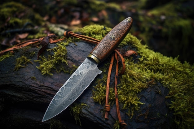 Primer plano de un cuchillo bushcraft sobre una superficie de madera