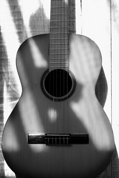 primer plano de un cuello de guitarra acústica cuerdas de sonido foto en blanco y negro