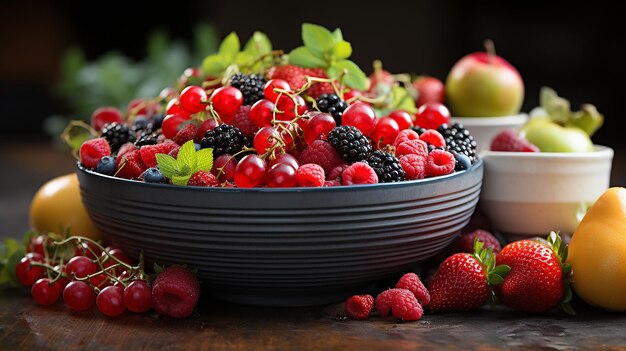 Un primer plano de un cuenco de cerámica lleno de frutas maduras