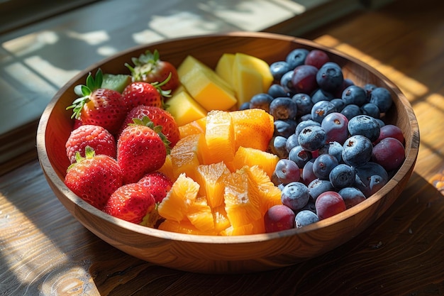 Un primer plano de un cuenco de frutas recién cortadas dispuestas de una manera colorida y visualmente atractiva