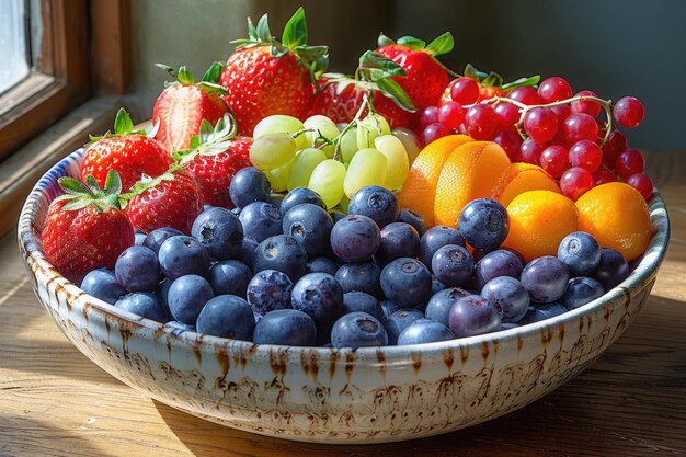 Un primer plano de un cuenco de frutas recién cortadas dispuestas de una manera colorida y visualmente atractiva