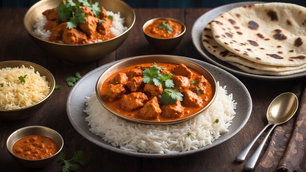 Un primer plano de un cuenco humeante lleno de pollo tikka masala servido con un lado de fragante