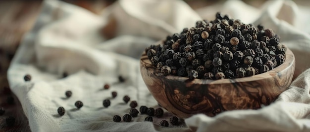 Un primer plano de un cuenco de madera lleno de granos de pimienta negra seca en una textura de mantel rústico