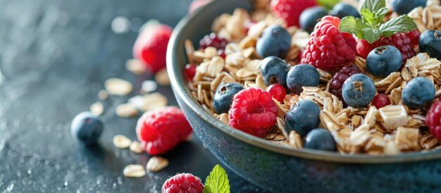 Primer plano de un cuenco con muesli y bayas frescas