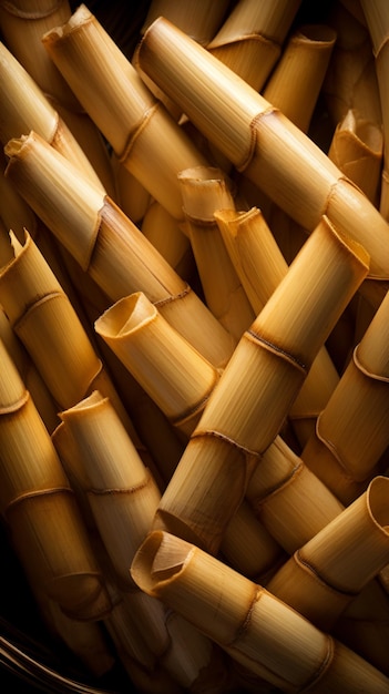 un primer plano de un cuenco de palos de bambú