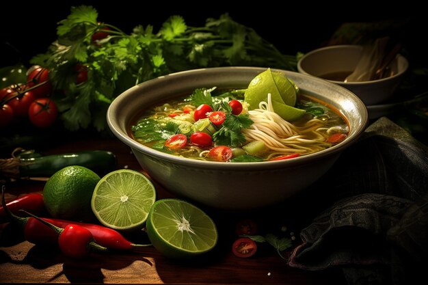 Un primer plano de un cuenco de pozole verde tradicional mexicano adornado con repollo