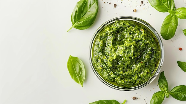 un primer plano de un cuenco de salsa de pesto con hojas de albahaca generativa ai