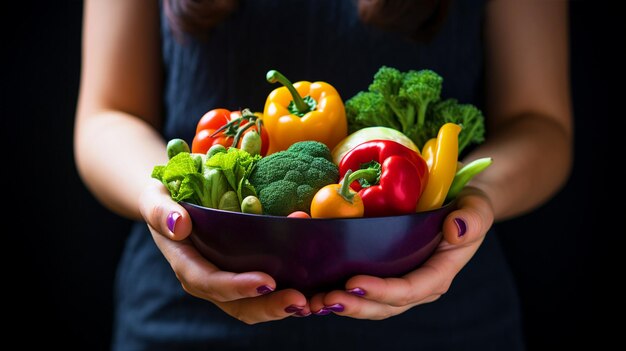 Primer plano de un cuenco de verduras en las manos