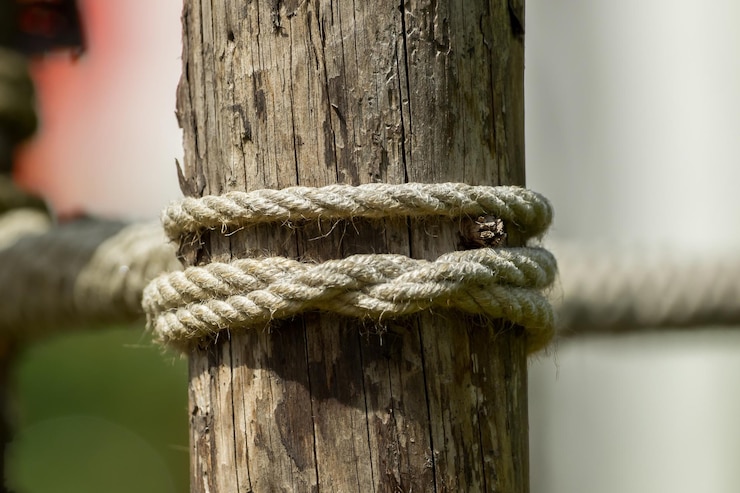 Foto primer plano de una cuerda atada a un poste de madera