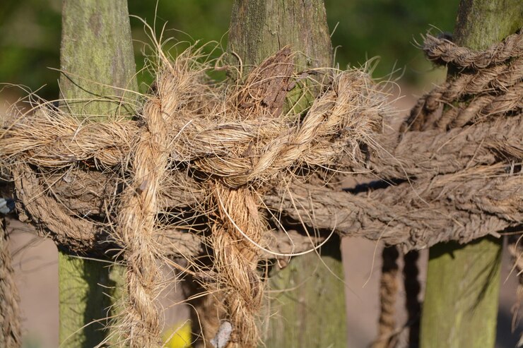 Foto primer plano de una cuerda enredada en una valla de madera