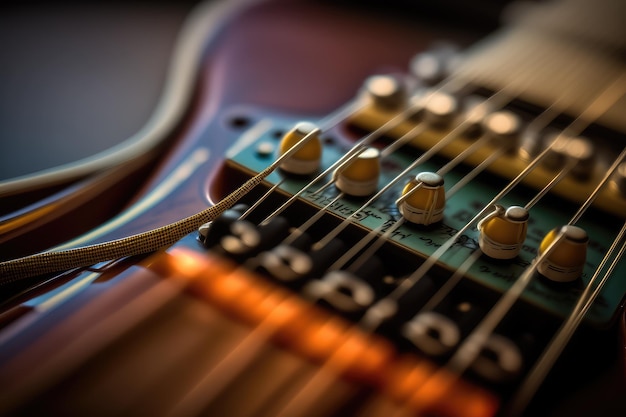 Foto primer plano de cuerdas de guitarra eléctrica con el diapasón en el fondo creado con ai generativo