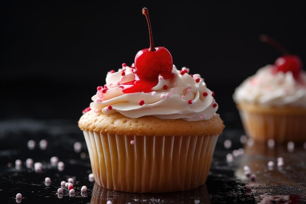 Primer plano de cupcake con chispas y cereza en la parte superior creado con ai generativo