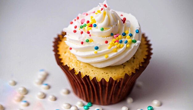 Un primer plano de un cupcake con glaseado blanco y rociados sobre una superficie blanca con un fondo borroso