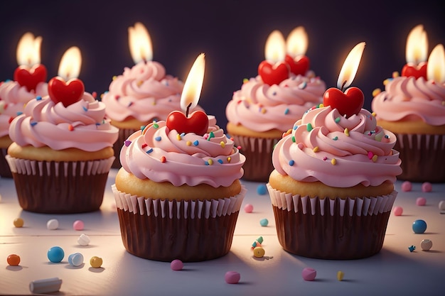 Primer plano de cupcakes con salpicaduras en forma de corazón y vela