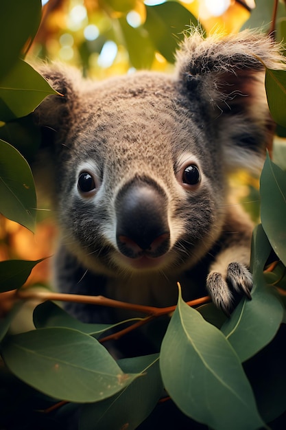 Un primer plano de una curiosa cara adorable de koalas en medio del eucalipto Ilustración hiperrealista Arte fotográfico