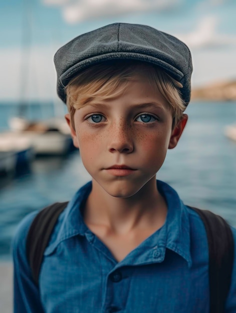 Primer plano de un curioso chico rubio de ojos azules mirando a una cámara generada por IA