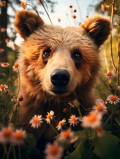 Un primer plano de un curioso oso con el hocico cubierto de miel en un Fo Ilustración hiperrealista Arte fotográfico