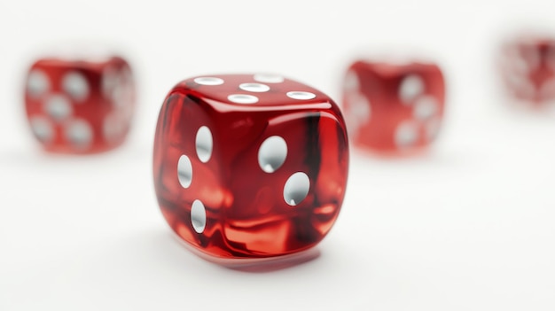 Primer plano de dados translúcidos rojos con puntos blancos