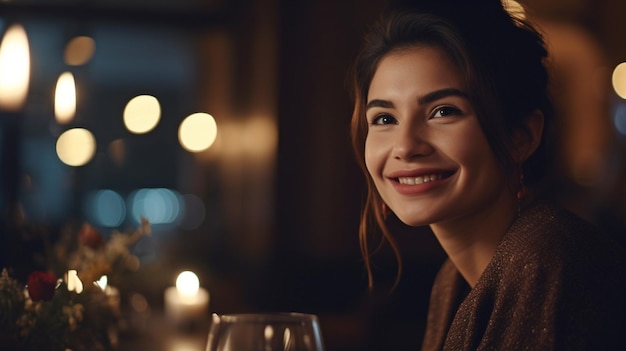 Primer plano de una dama sonriente coqueteando en un lugar para una cena romántica Mujer coqueta en la noche IA generativa