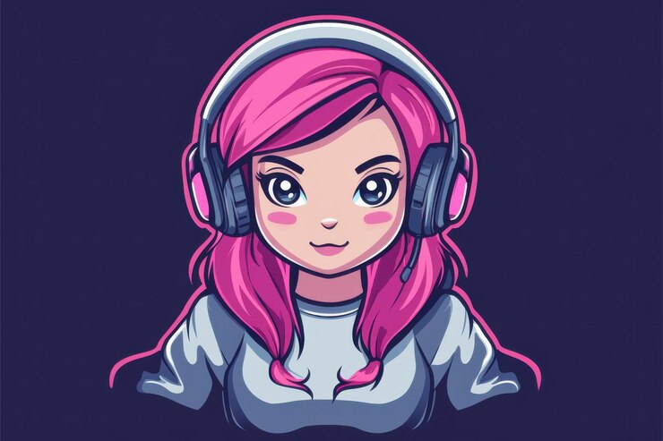 Primer plano de una decidida jugadora de cabello rosa con auriculares y una expresión enfocada