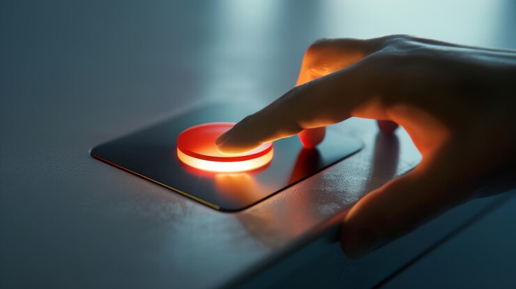 Foto un primer plano de un dedo presionando un botón rojo brillante que evoca una sensación de urgencia y anticipación en un entorno moderno