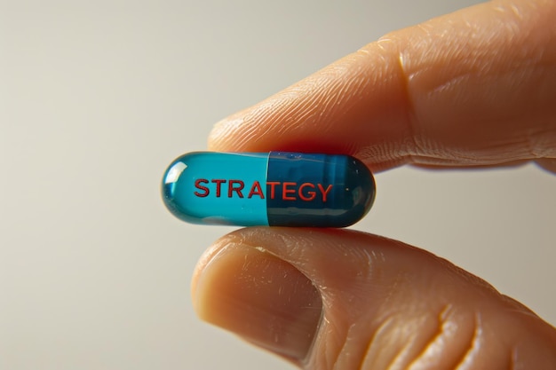 Foto primer plano de dedos sosteniendo una píldora azul con texto strategy