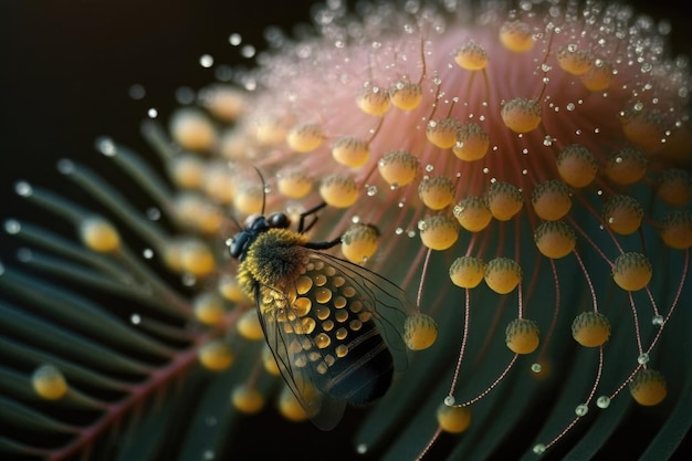 Un primer plano de una delicada flor de mimosa con gotas de rocío en los pétalos y una abeja zumbando cerca de cre