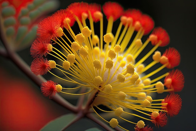 Un primer plano de una delicada flor de mimosa con sus pétalos amarillos esponjosos y estambres rojos vibrantes creados