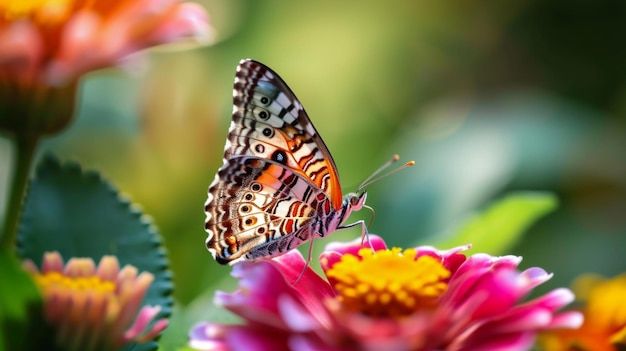 Un primer plano de una delicada mariposa posada en una flor vibrante Generativo Ai