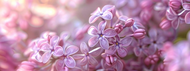 Un primer plano de delicadas flores de lila pastel en un enfoque suave con el patrón floral romántico de fondo