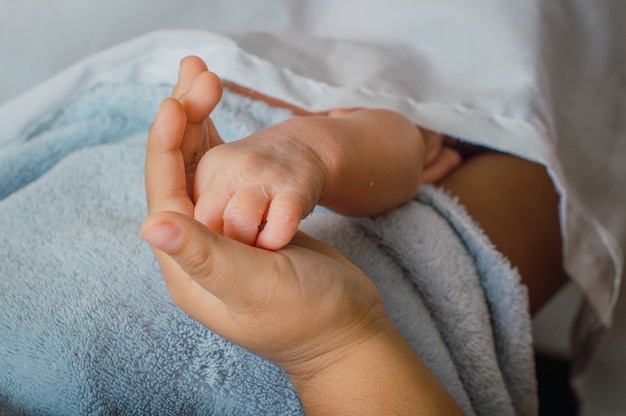 Foto primer plano de las delicadas manos del bebé recién nacido en la palma de su madre