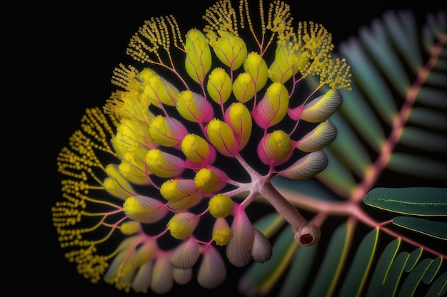 Un primer plano de los delicados pétalos y colores vibrantes de una flor de mimosa creada con ai generativo